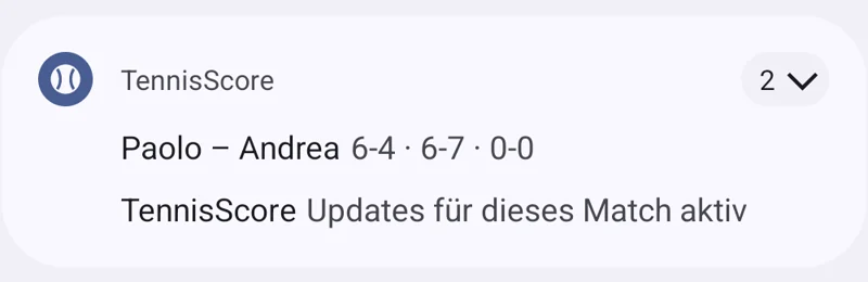 Die TennisScore-Mitteilung am Ende eines Spiels: die Namen der Spieler und der aktuelle Spielstand