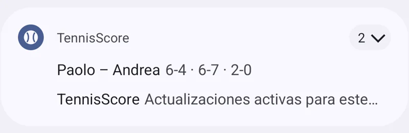 La notificación de TennisScore al final de un juego: los nombres de los jugadores y la puntuación actualizada