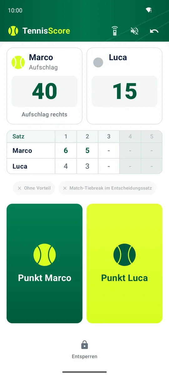 Die Tennis-Anzeigetafel von TennisScore auf einem Android-Handy: Sätze, Spiele, Punkte und die Punkt-Tasten