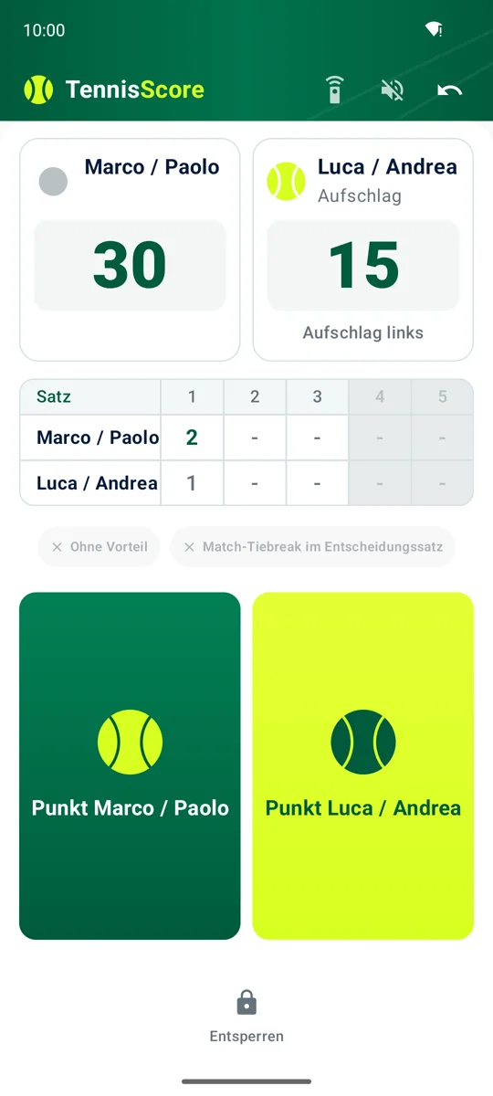 Die TennisScore-Anzeigetafel in einem Doppel: die beiden Paare, Sätze, Spiele und Punkte