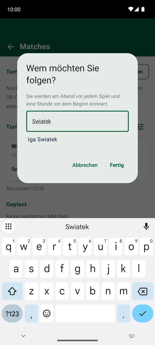 Die TennisScore-App: das Fenster „Wem möchten Sie folgen?“ mit der Suche nach dem Spieler per Name