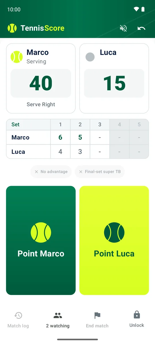 TennisScore scoreboard on a phone: sets, games, points and the point buttons