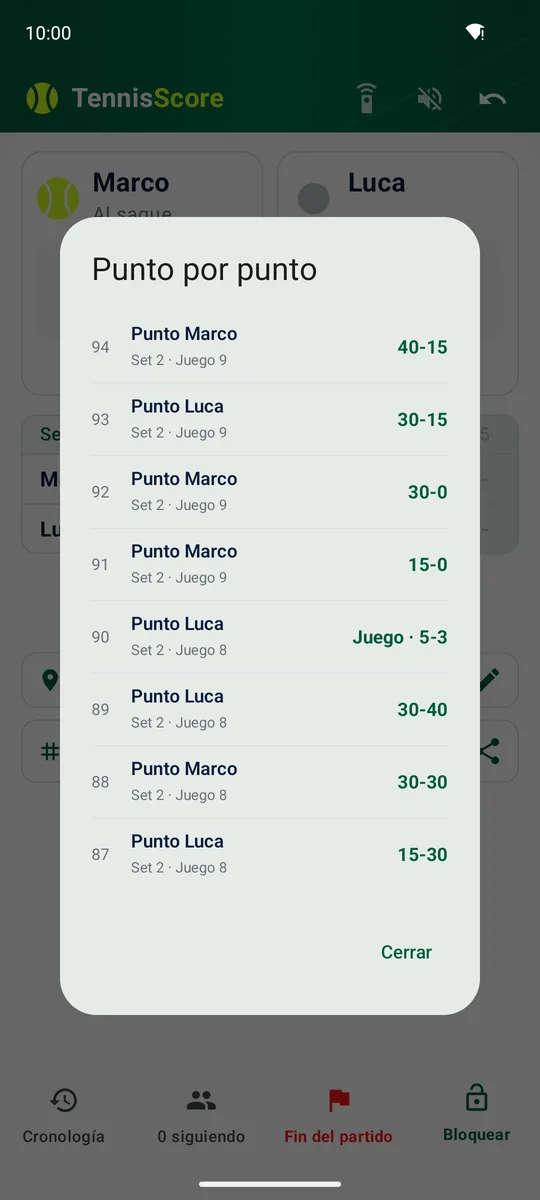Registro punto a punto de un partido de tenis