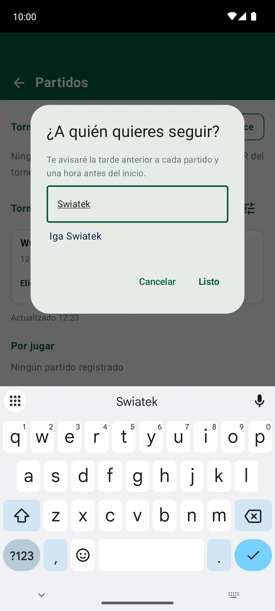 La app TennisScore: la ventana «¿A quién quieres seguir?» con la búsqueda del jugador por nombre
