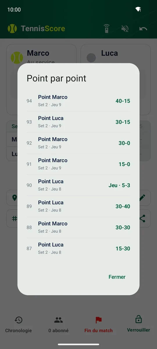 Journal point par point d'un match de tennis