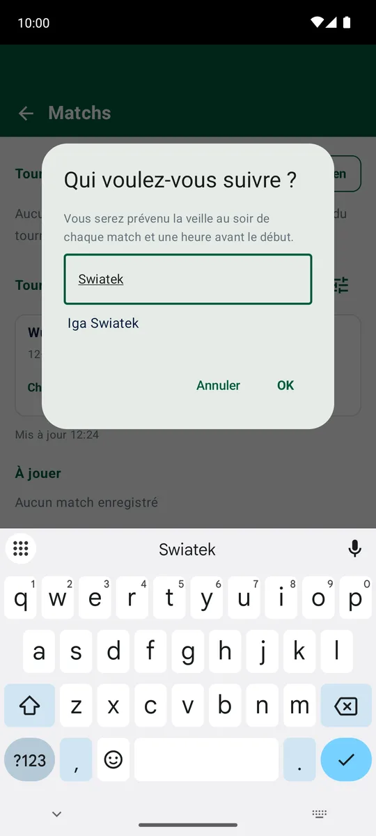 L'application TennisScore : la fenêtre « Qui voulez-vous suivre ? » avec la recherche du joueur par son nom