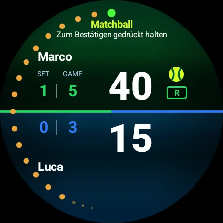 TennisScore auf einer Wear-OS-Uhr: Spielstand, Sätze und Spiele, Herzfrequenz