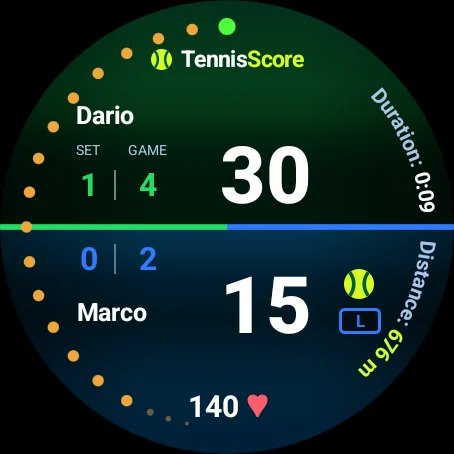 TennisScore on a Wear OS watch: score, sets and games, heart rate