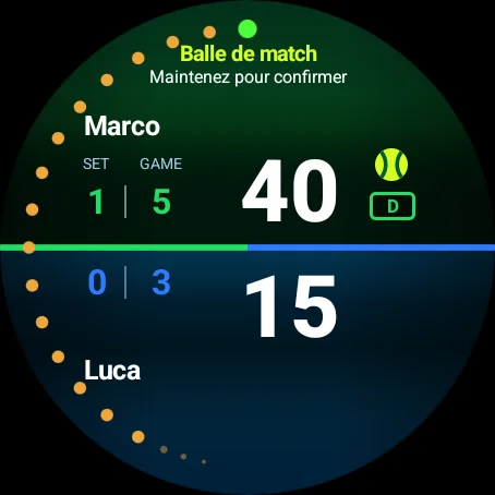 TennisScore sur une montre Wear OS : score, sets et jeux, fréquence cardiaque